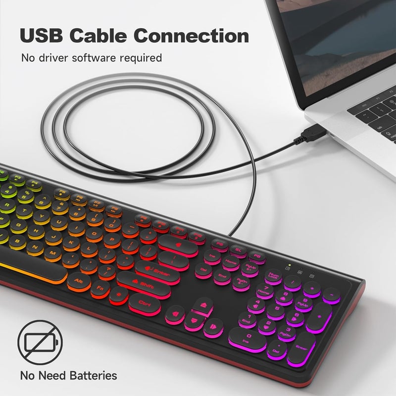 Atelus USB Wired Keyboard with Backlit 7-Colors, Full Size Keyboard with Retro Keycaps, Numeric Keypad and Media Hotkey for Computer Desktop PC Laptop and Windows 7 8 10 11 - Image 3